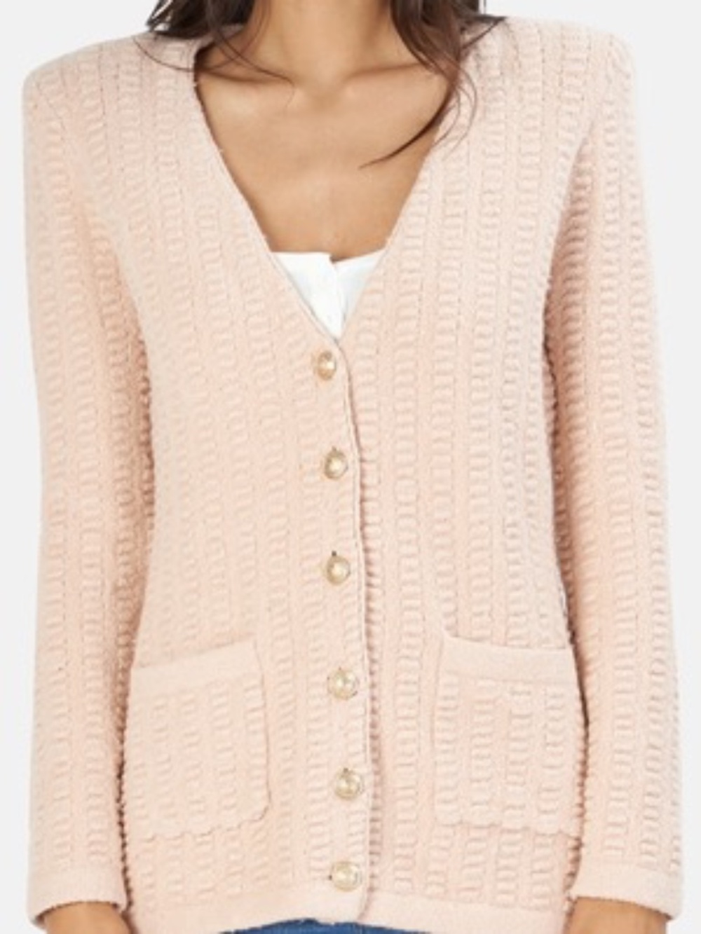 L'AGENCE Sue Textured Knit Longline Cardigan Pink Petal Gold Button M - Picture 9 of 9